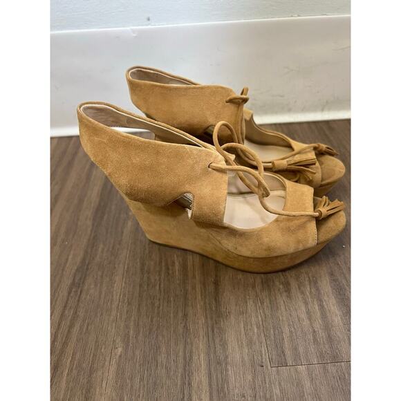 Jessica Simpson Camel Suede Platform Peeptoe Wedes Sz 7 - Picture 4 of 6